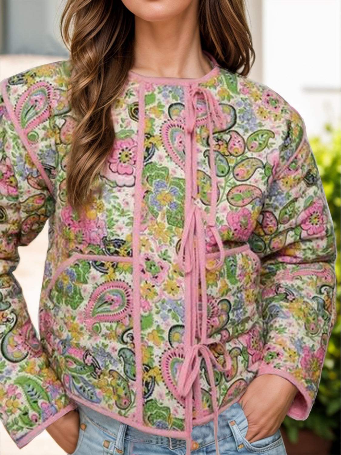 Tied Printed Long Sleeve Jacket - Trendsi - Flyclothing LLC