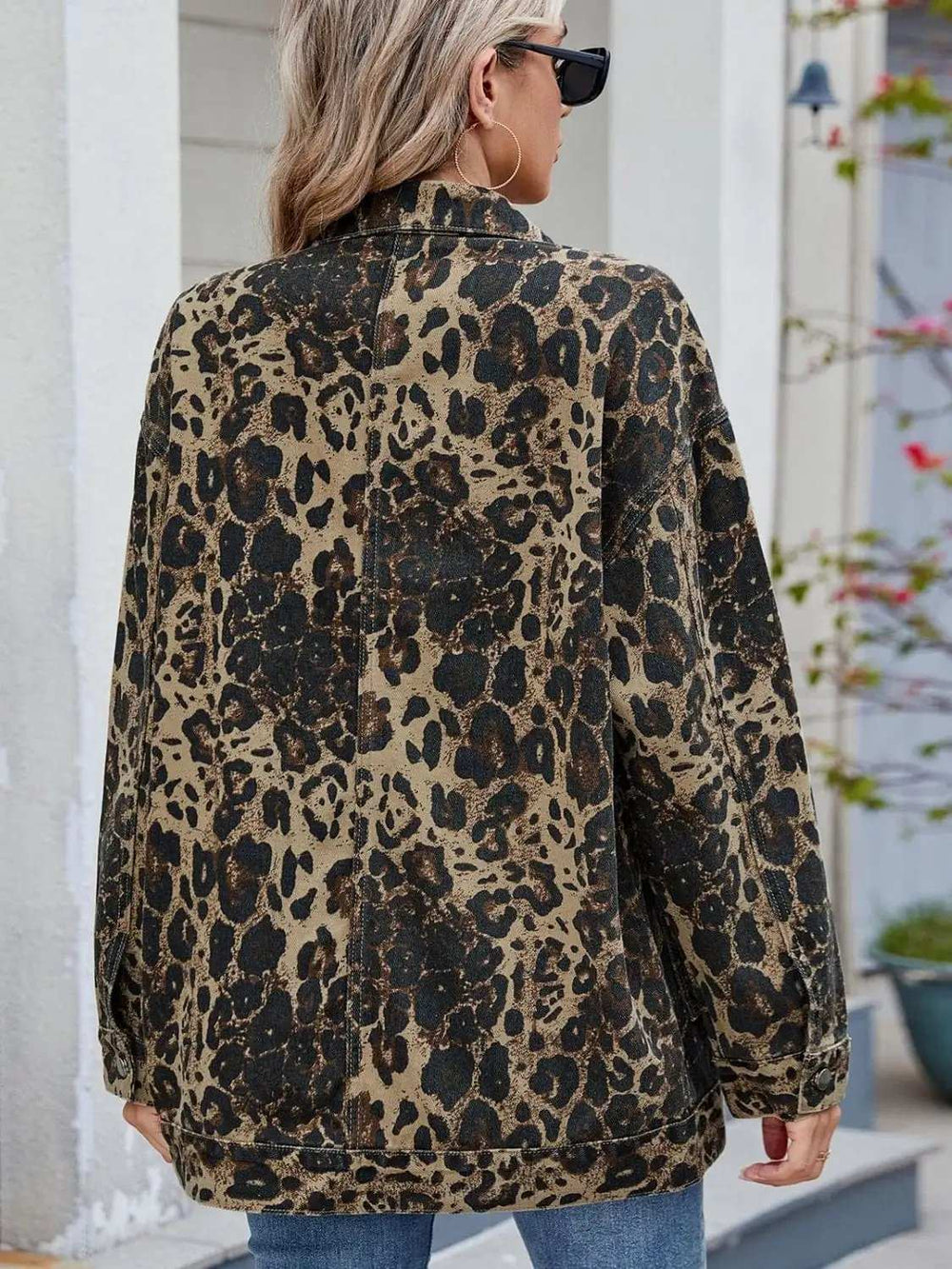 Leopard Button Up Drop Shoulder Denim Jacket - Trendsi - Flyclothing LLC