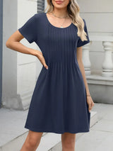 Pleated Front Round Neck Swing Dress - Trendsi - Flyclothing LLC
