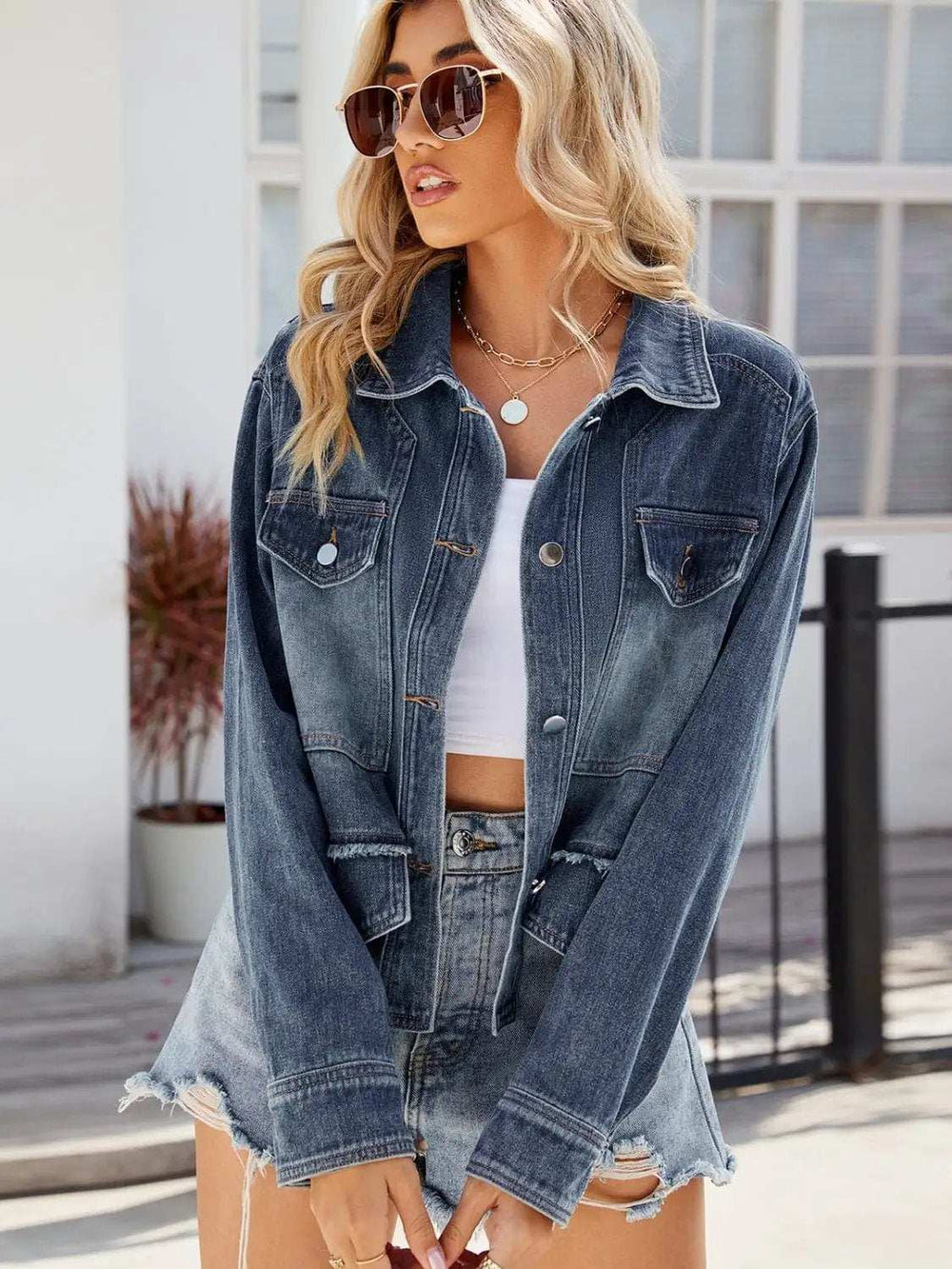 Button Up Long Sleeve Denim Jacket with Pockets - Trendsi - Flyclothing LLC