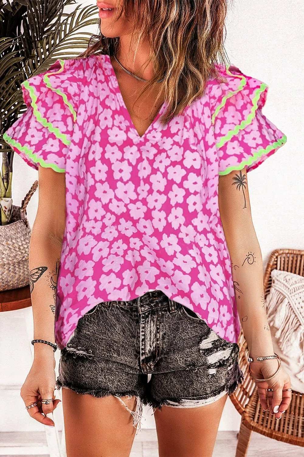 Printed V-Neck Flounce Sleeve Blouse - Trendsi - Flyclothing LLC