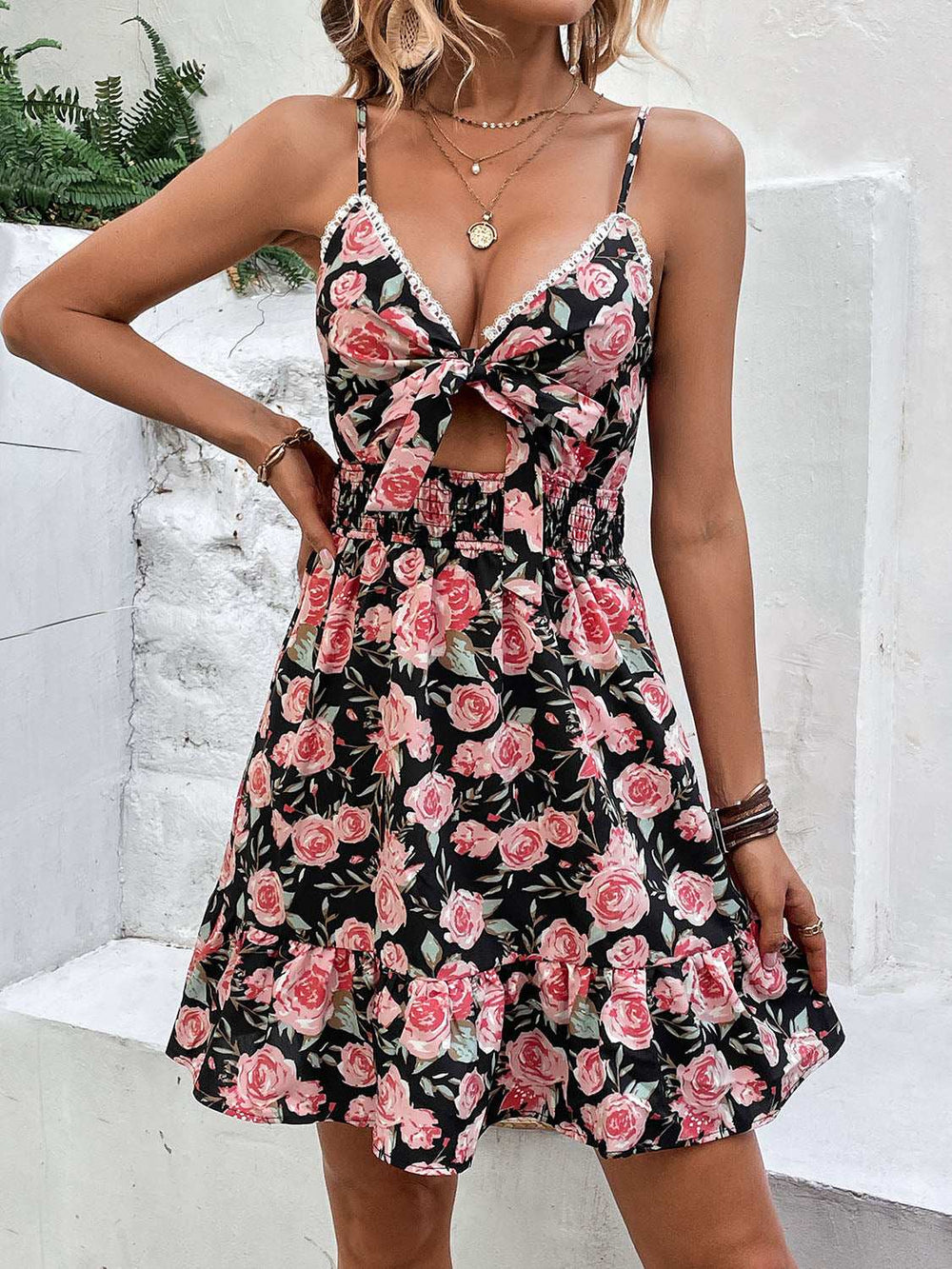 Tied Rose Print Spaghetti Strap Dress - Trendsi - Flyclothing LLC