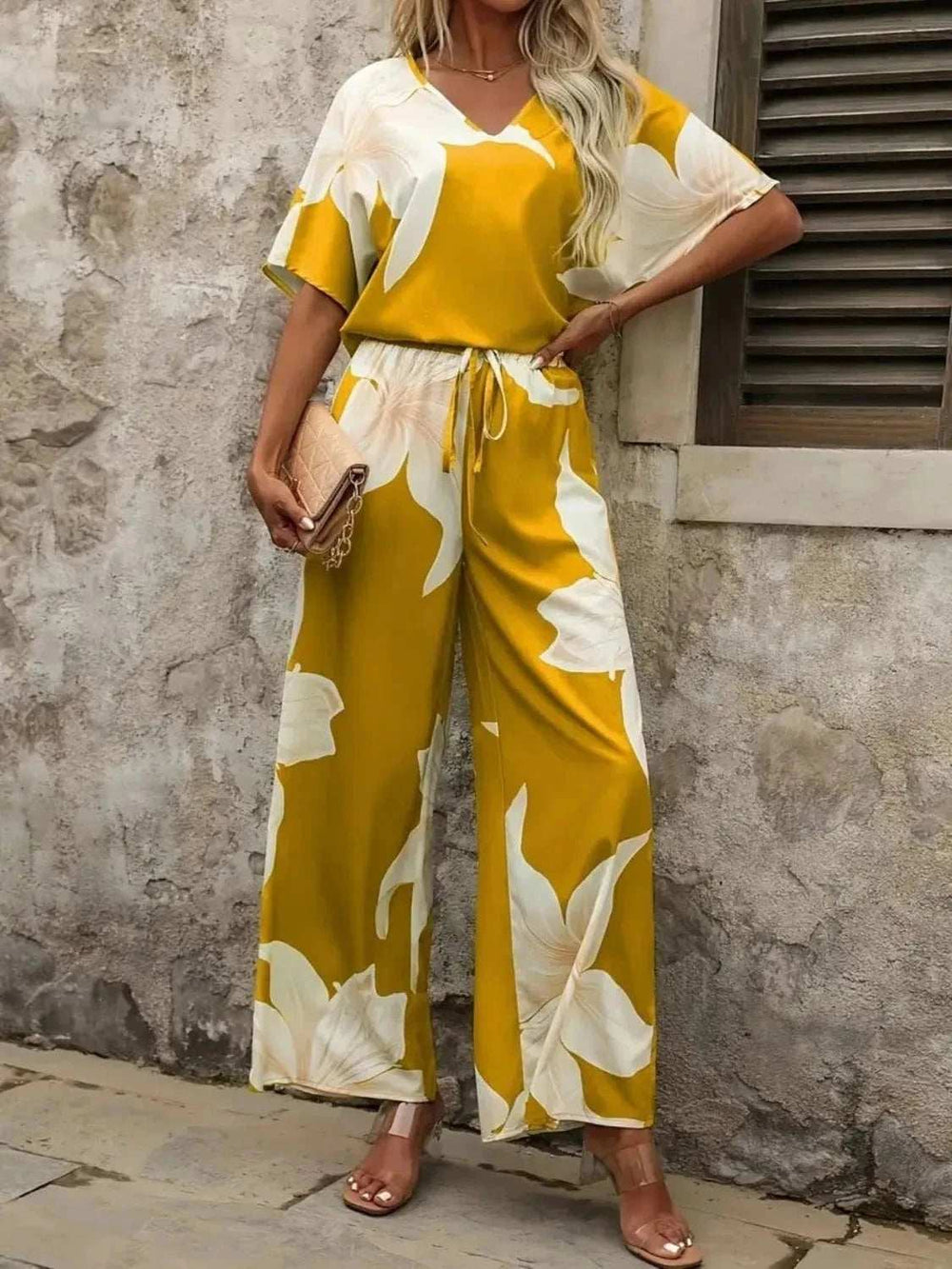 Printed V-Neck Top and Wide Leg Pants Set - Trendsi - Flyclothing LLC