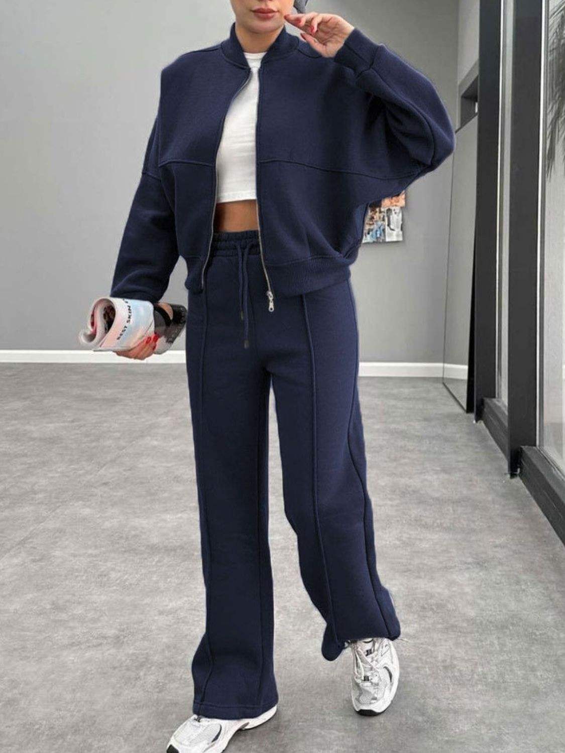 Baseball Collar Zip Up Outerwear and Drawstring Pants Set - Trendsi - Flyclothing LLC