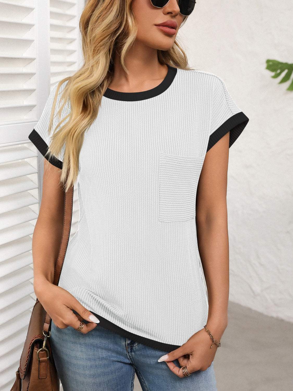 Contrast Trim Round Neck Short Sleeve T-Shirt - Trendsi - Flyclothing LLC