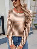 Striped Contrast Round Neck Long Sleeve Sweater - Trendsi