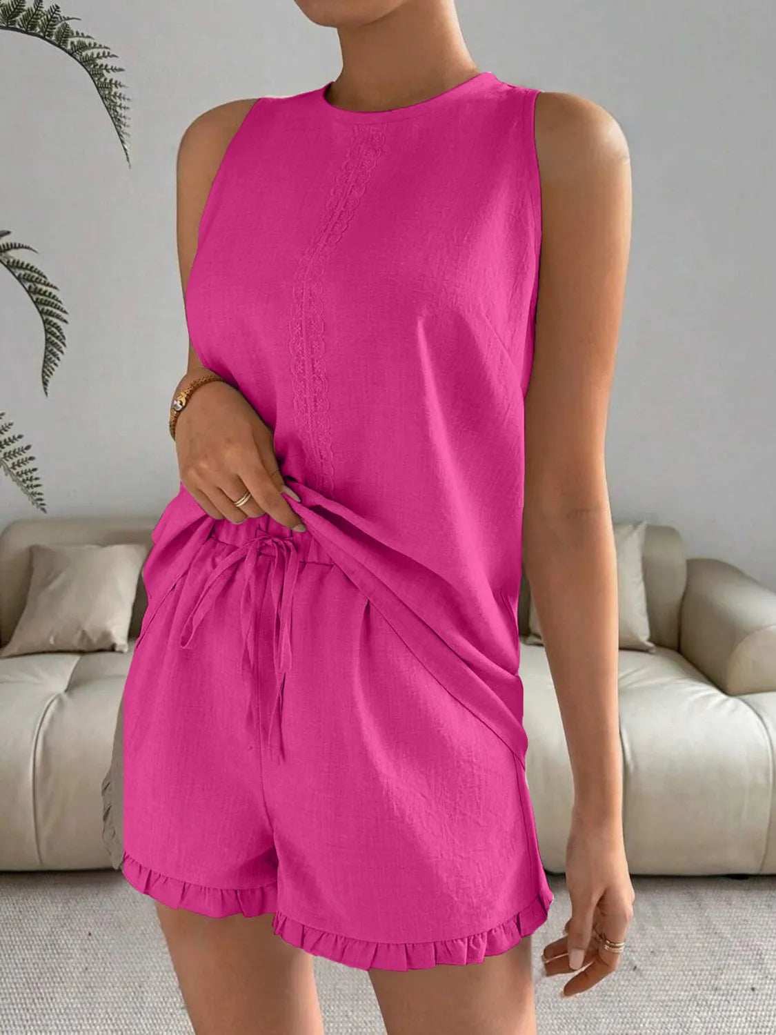 Lace Detail Round Neck Tank and Shorts Set - Trendsi - Flyclothing LLC