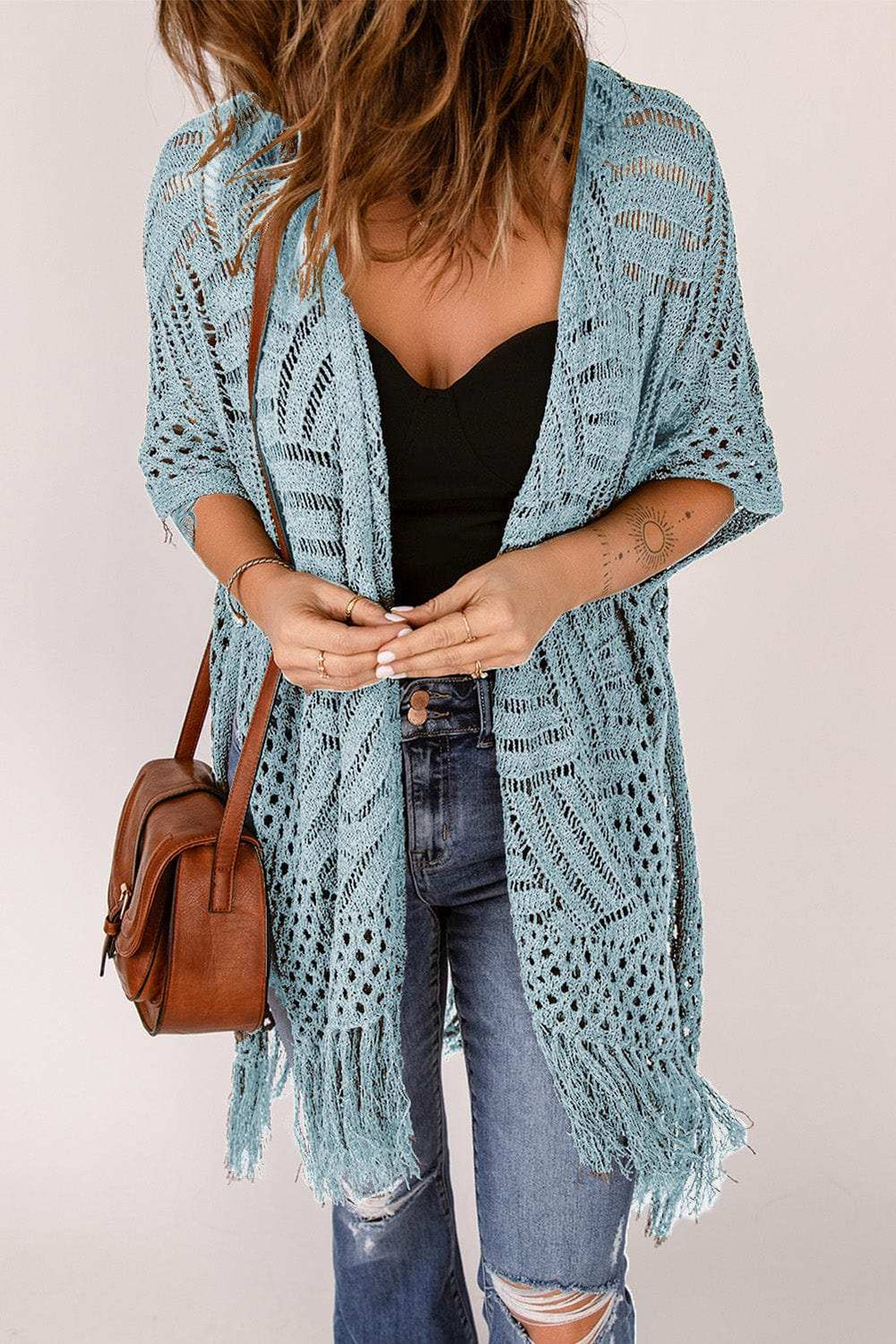 Openwork Open Front Cardigan with Fringes - Trendsi - Flyclothing LLC