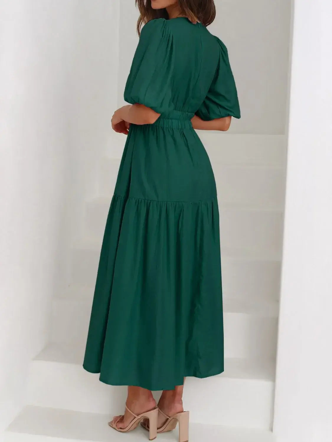 V-Neck Puff Sleeve Midi Dress - Trendsi - Flyclothing LLC
