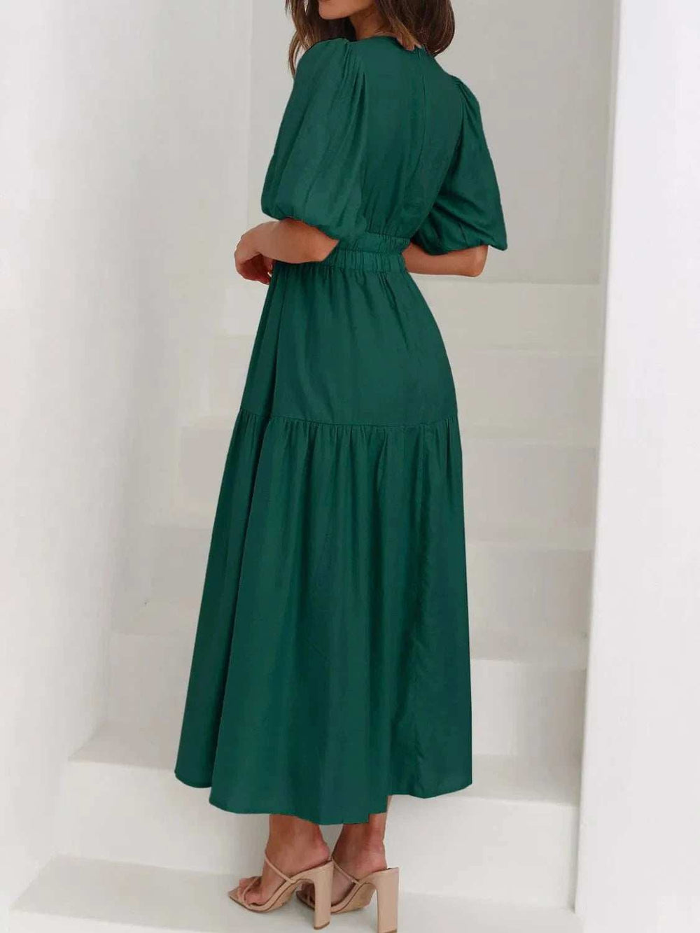 V-Neck Puff Sleeve Midi Dress - Trendsi - Flyclothing LLC