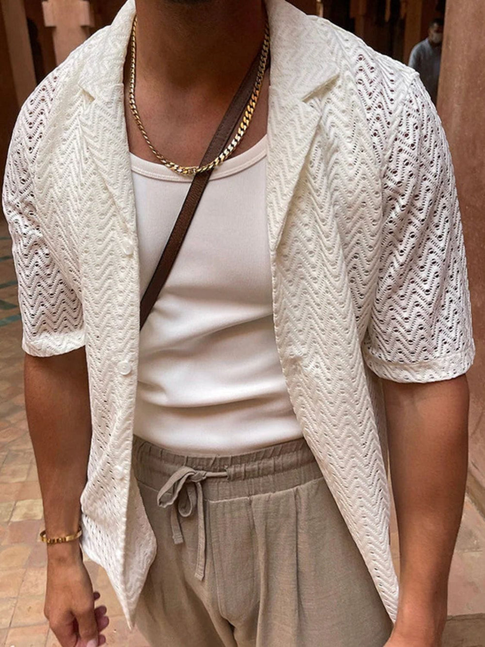 Men's Plus Size Herringbone Eyelet Button Down Knit Shirt - Trendsi