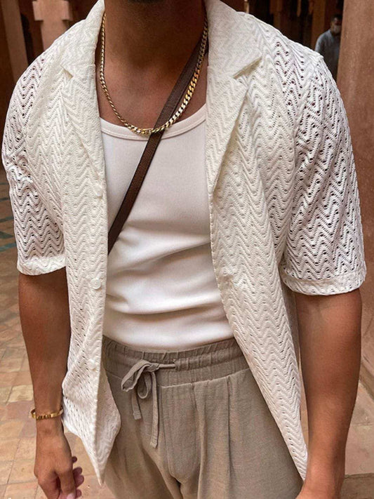 Men's Plus Size Herringbone Eyelet Button Down Knit Shirt - Trendsi - Flyclothing LLC