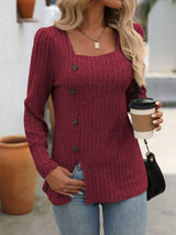 Decorative Button Striped Square Neck Long Sleeve T-Shirt - Trendsi - Flyclothing LLC