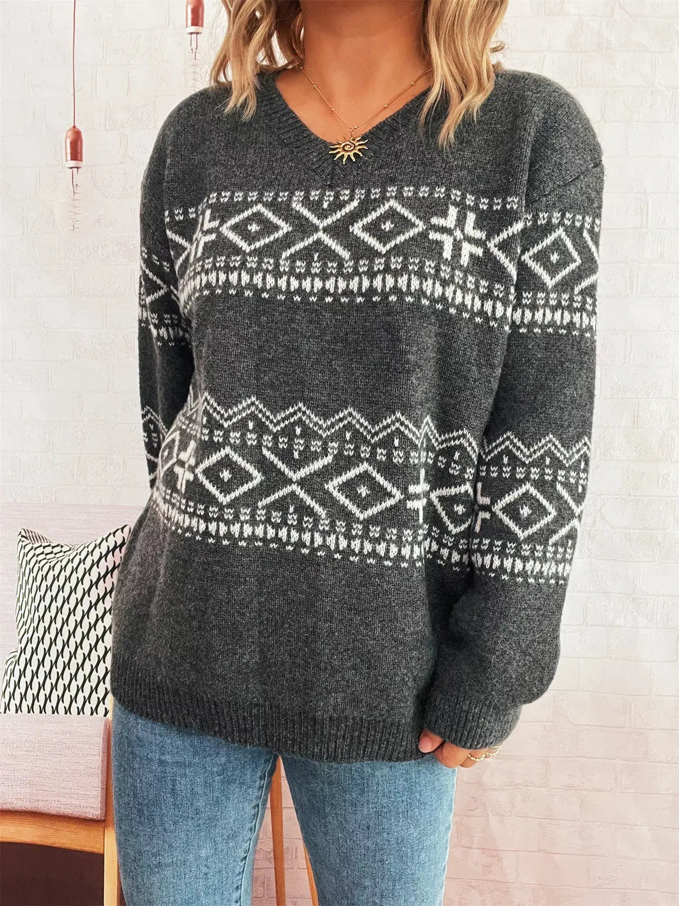 Geometric Dropped Shoulder Long Sleeve Sweater - Trendsi - Flyclothing LLC