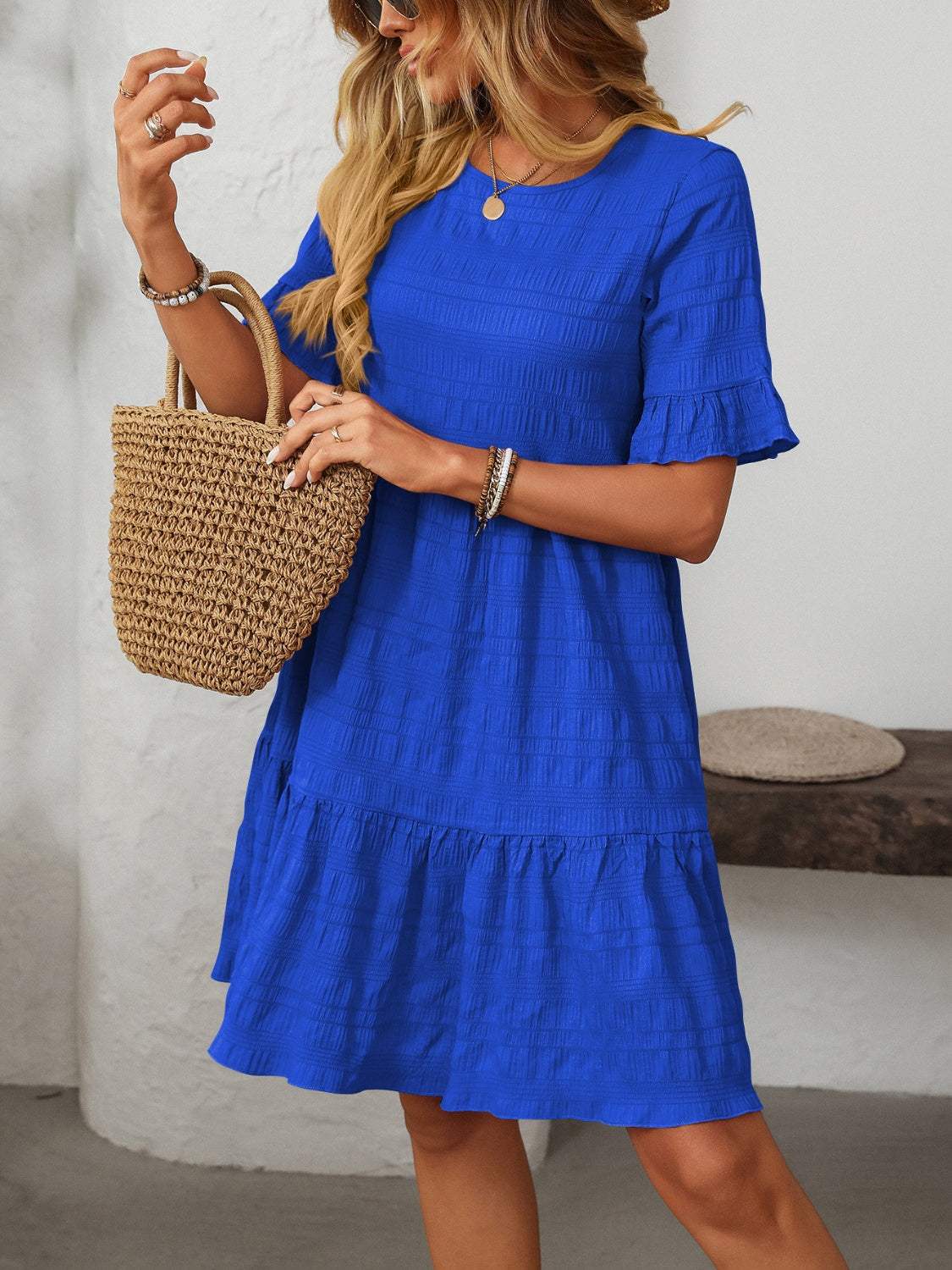Mandy Ruffled Ruched Round Neck Half Sleeve Dress - Trendsi - Flyclothing LLC