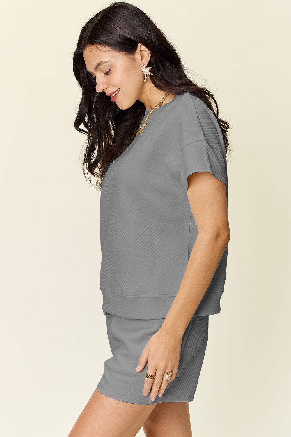 Double Take Full Size Texture Short Sleeve T-Shirt and Drawstring Shorts Set - Trendsi - Flyclothing LLC