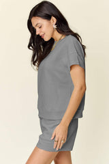 Double Take Full Size Texture Short Sleeve T-Shirt and Drawstring Shorts Set - Trendsi - Flyclothing LLC