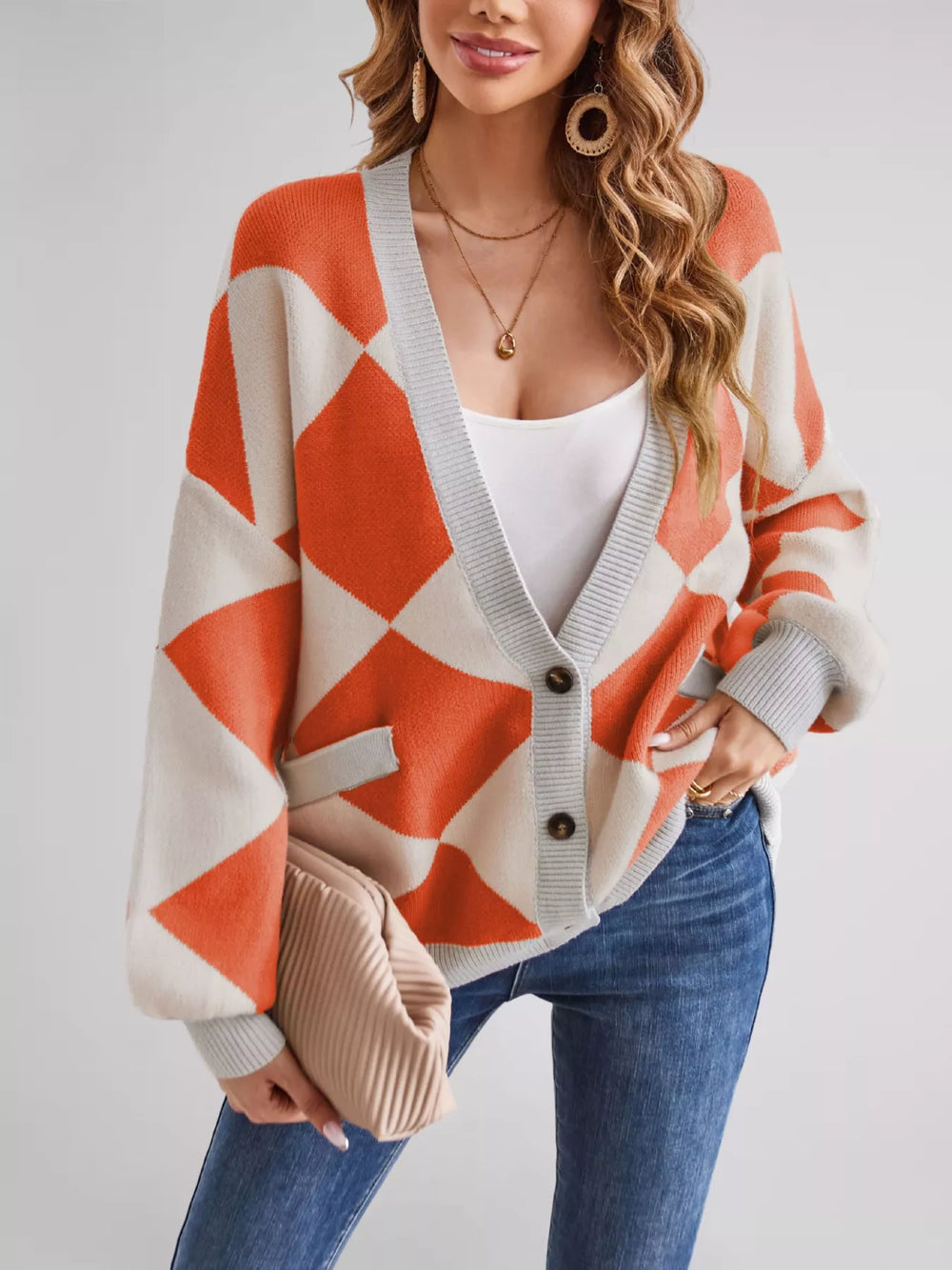 Diamond Pattern Button-Up Knit Cardigan - Trendsi - Flyclothing LLC