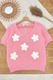 Flower V-Neck Short Sleeve Sweater - Trendsi - Flyclothing LLC