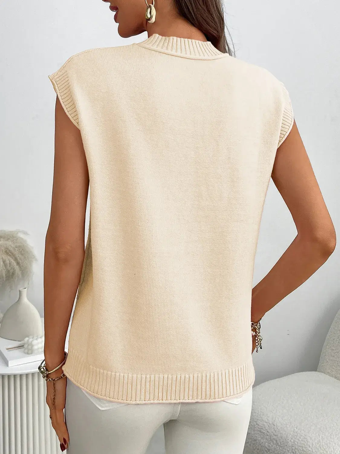 Mock Neck Cap Sleeve Knit Top - Trendsi - Flyclothing LLC
