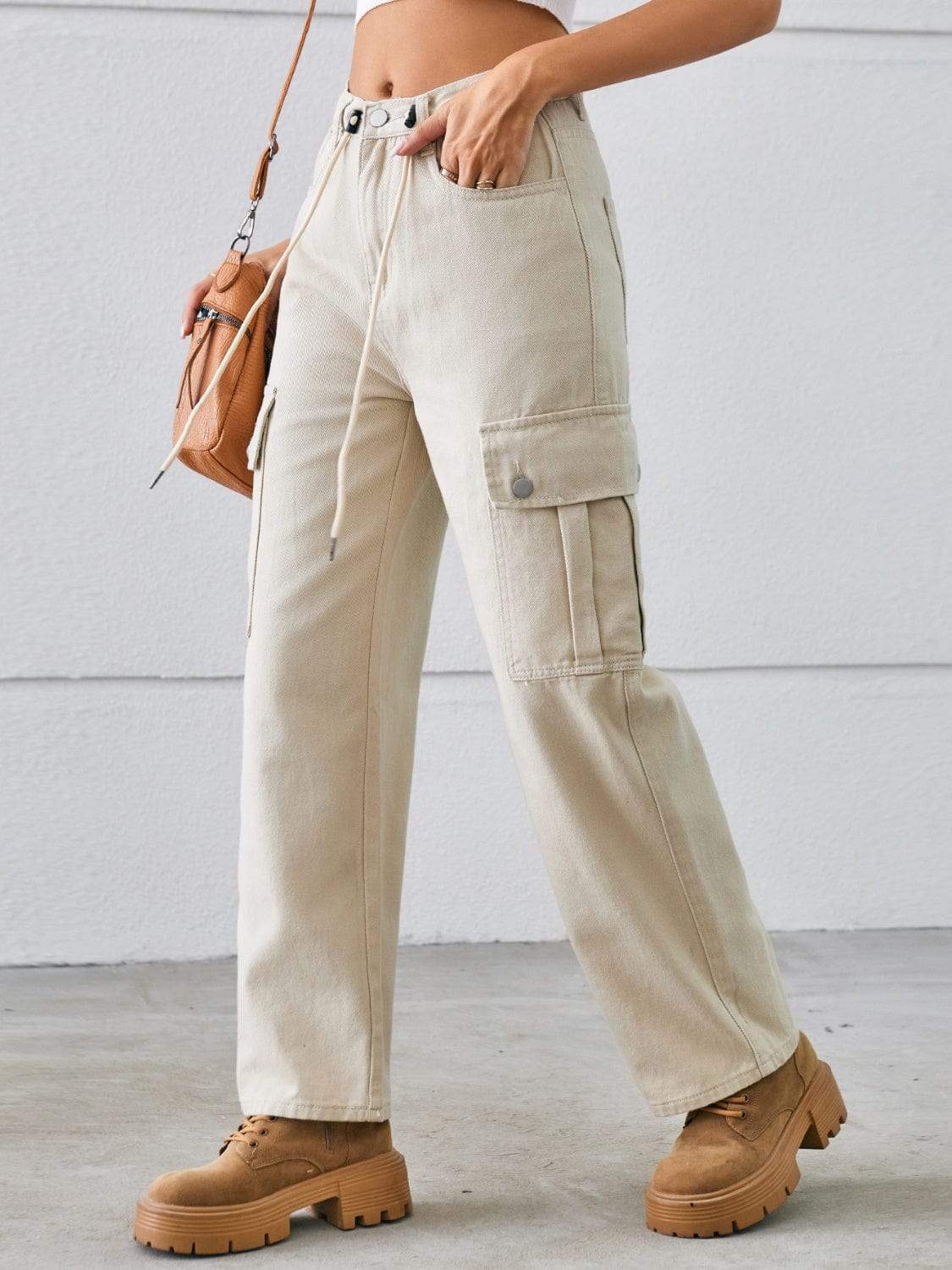 Drawstring Mid-Rise Waist Straight Cargo Jeans - Trendsi - Flyclothing LLC