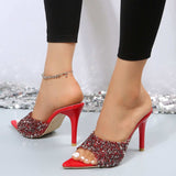 Sequin Point Toe Kitten Heel Sandals - Trendsi - Flyclothing LLC