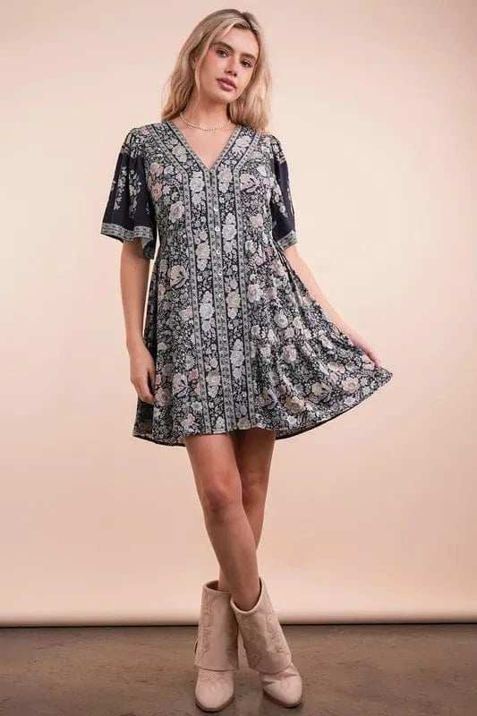 VERY J Shirring Detail Printed Woven Mini Dress - Trendsi - Flyclothing LLC