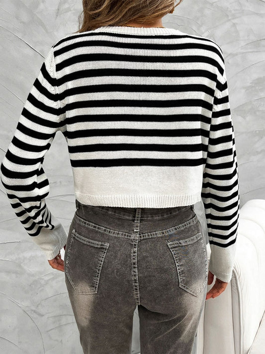 Devine Striped Round Neck Button Down Cardigan - Trendsi