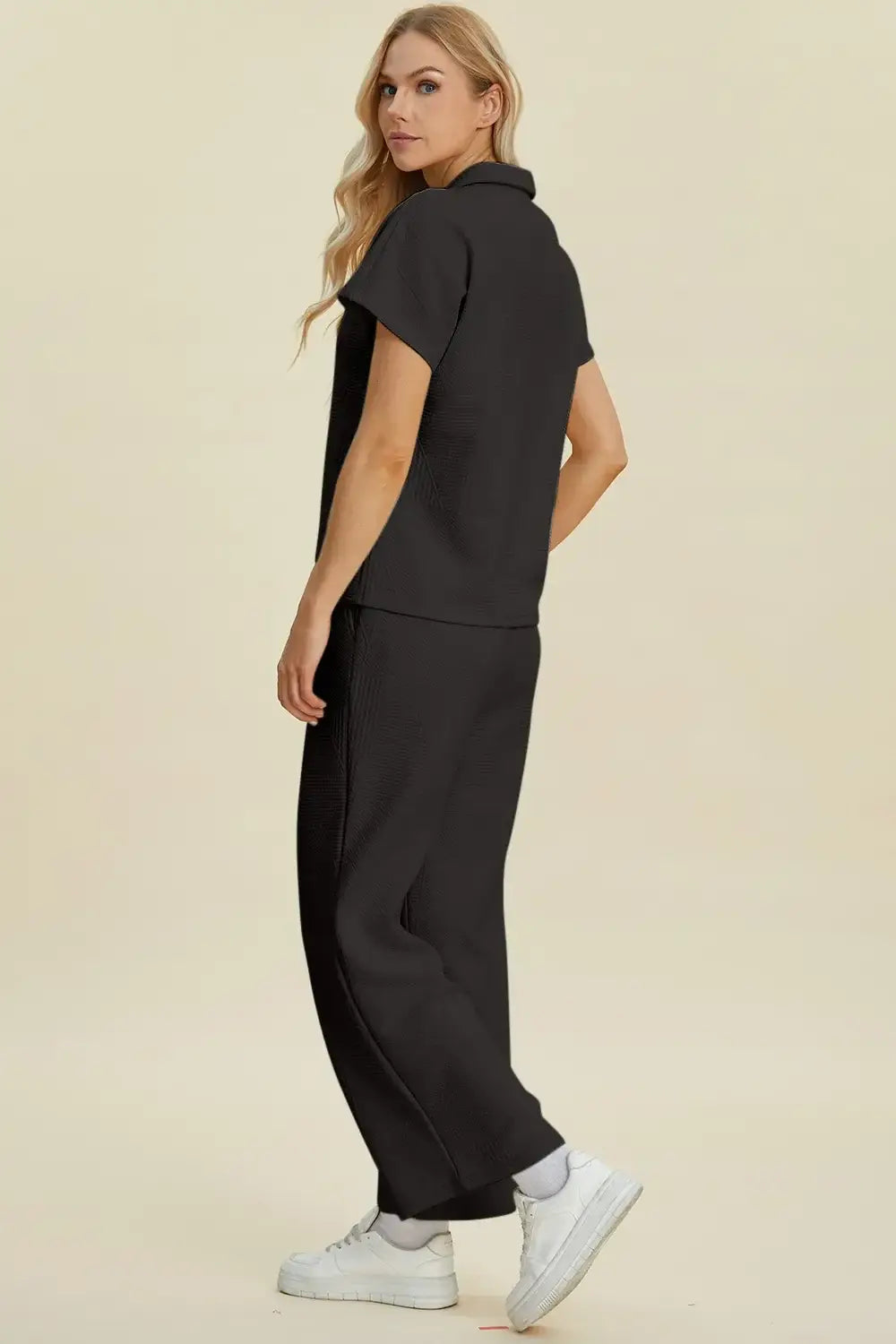 Double Take Full Size Collared Neck Short Sleeve Top and Pants Set - Trendsi - Flyclothing LLC