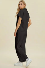 Double Take Full Size Collared Neck Short Sleeve Top and Pants Set - Trendsi - Flyclothing LLC