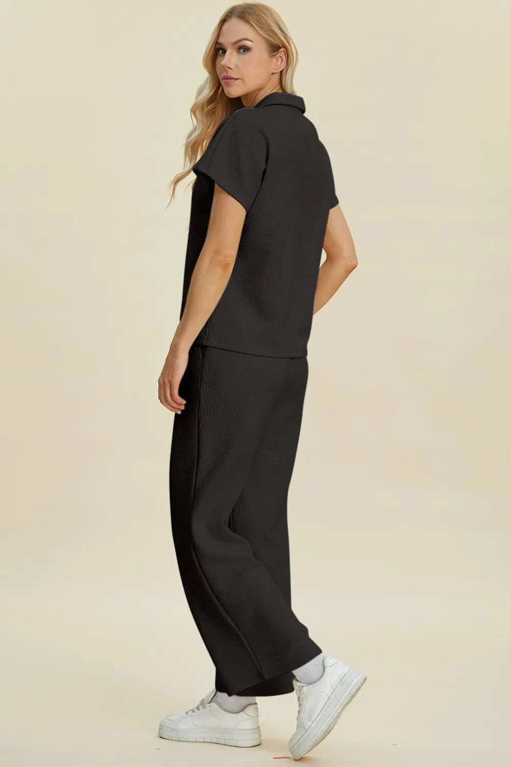 Double Take Full Size Collared Neck Short Sleeve Top and Pants Set - Trendsi - Flyclothing LLC