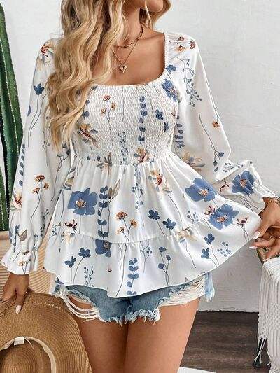 Smocked Floral Scoop Neck Flounce Sleeve Blouse - Trendsi - Flyclothing LLC