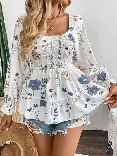 Smocked Floral Scoop Neck Flounce Sleeve Blouse - Trendsi