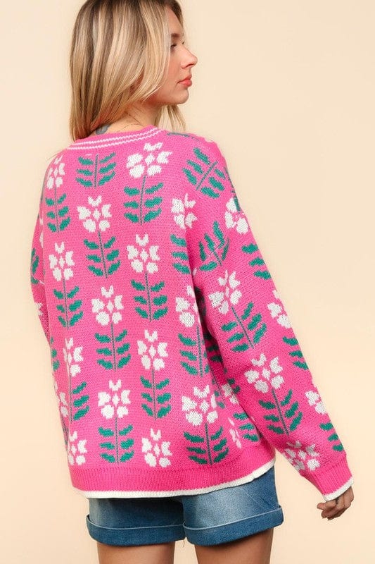Haptics Full Size Floral Jacquard V-Neck Button Up Cardigan - Trendsi
