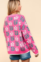 Haptics Full Size Floral Jacquard V-Neck Button Up Cardigan - Trendsi
