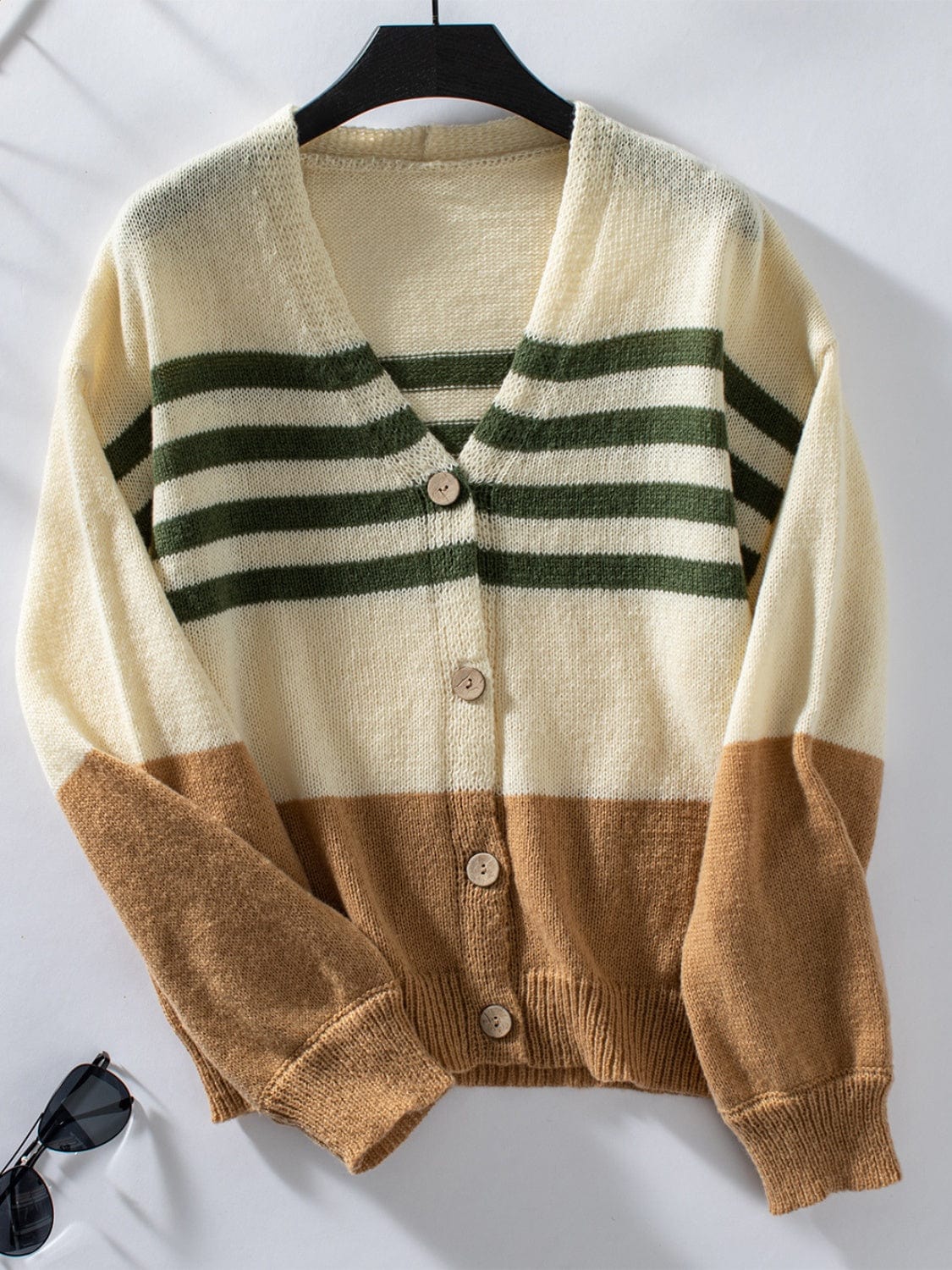 Color Block V-Neck Button Down Long Sleeve Cardigan - Trendsi