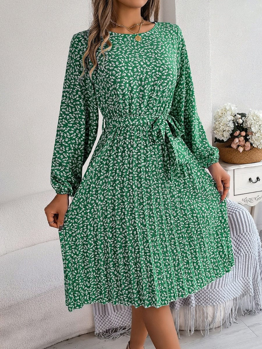 Ditsy Floral Tie Waist Pleated Dress - Trendsi