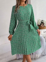 Ditsy Floral Tie Waist Pleated Dress - Trendsi - Flyclothing LLC
