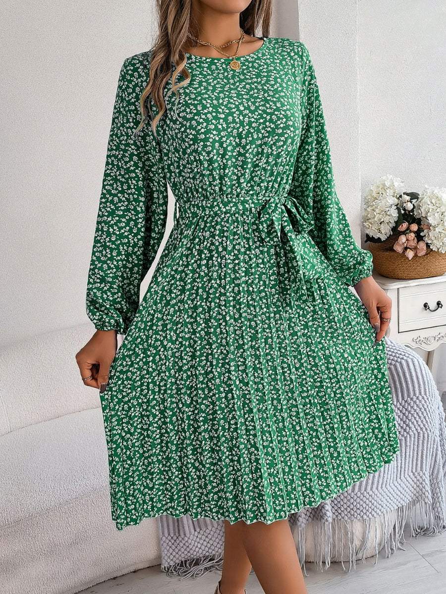 Ditsy Floral Tie Waist Pleated Dress - Trendsi - Flyclothing LLC