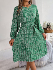 Ditsy Floral Tie Waist Pleated Dress - Trendsi