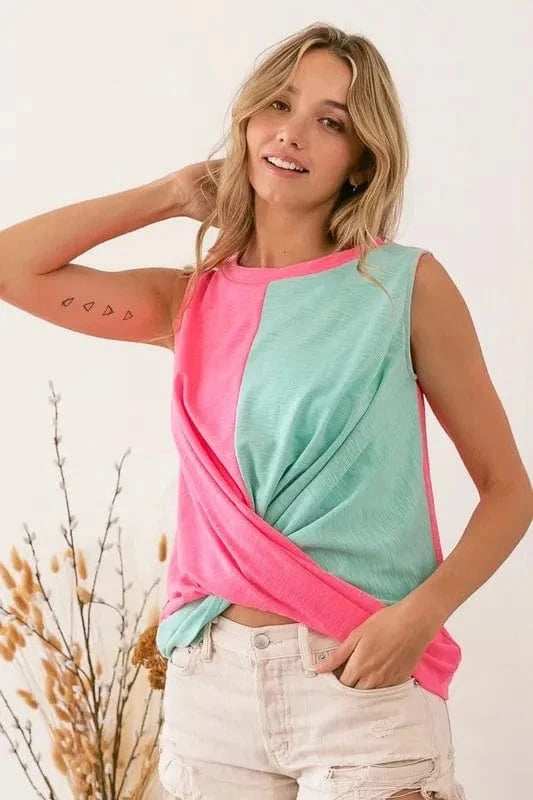 BiBi Slub Terry Color Block Twisted Top - Trendsi - Flyclothing LLC