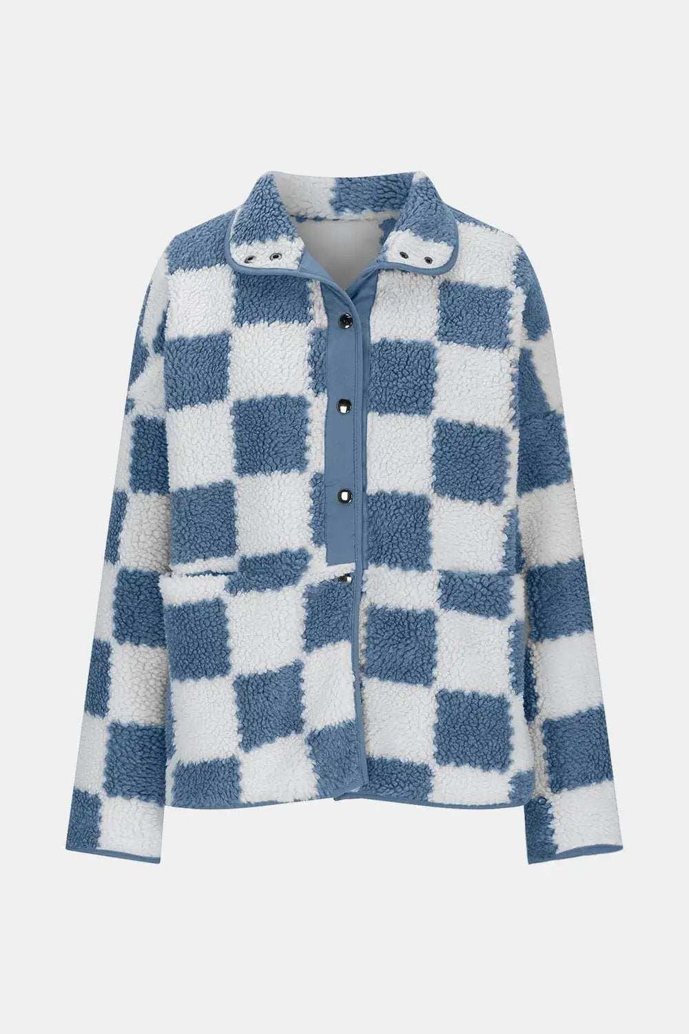 Checkered Snap Down Long Sleeve Teddy Jacket - Trendsi - Flyclothing LLC