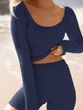 Scoop Neck Long Sleeve Top and Shorts Set - Trendsi - Flyclothing LLC