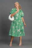 Umgee Full Size Printed Smocked Cuff Puff Sleeve Midi Dress Plus Size - Trendsi