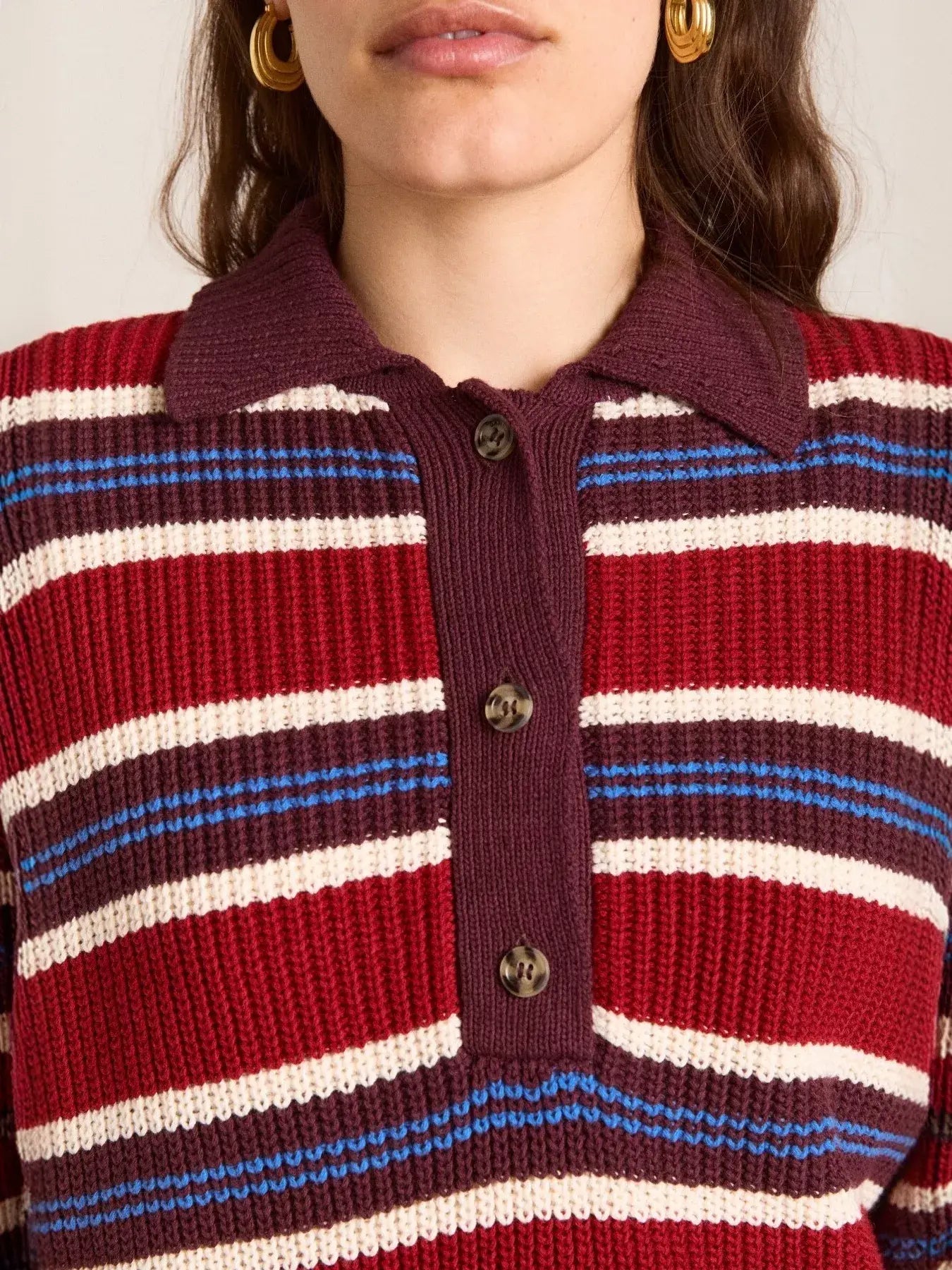 Striped Button Detail Polo Collar Sweater - Trendsi - Flyclothing LLC