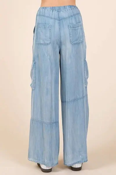 Mittoshop Washed Elastic Waist Cargo Wide Leg Pants - Trendsi - Flyclothing LLC
