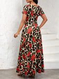 Printed Round Neck Short Sleeve Maxi Tee Dress - Trendsi