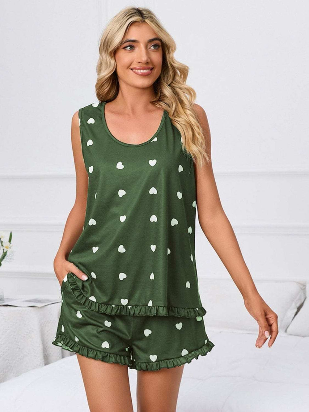 Heart Scoop Neck Tank and Shorts Lounge Set - Trendsi - Flyclothing LLC
