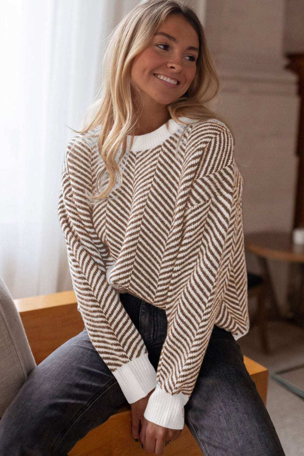 Striped Round Neck Long Sleeve Sweater - Trendsi - Flyclothing LLC