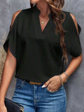 Notched Cold Shoulder Half Sleeve Blouse - Trendsi - Flyclothing LLC